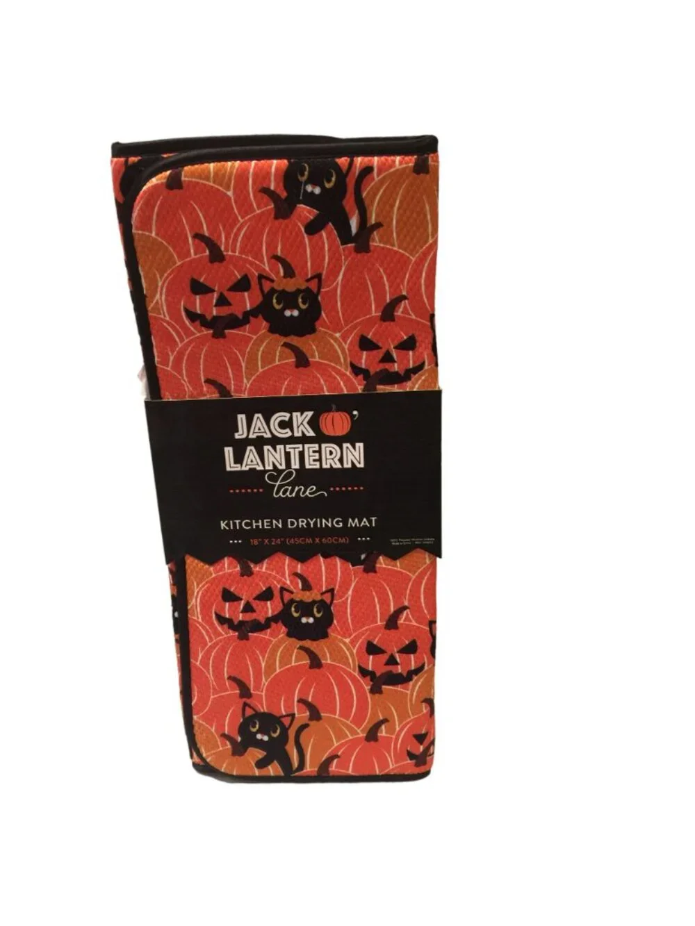 Jack O Lantern Lane Halloween Black Cats Kitchen Drying Mat Orange Black